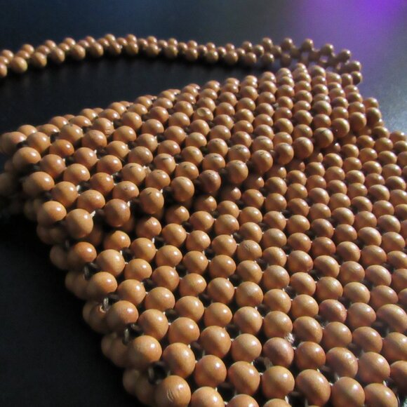 Vintage 70s Small Japanese Style Wooden Bead Handbag Shoulder Bag - Picture 2 of 4